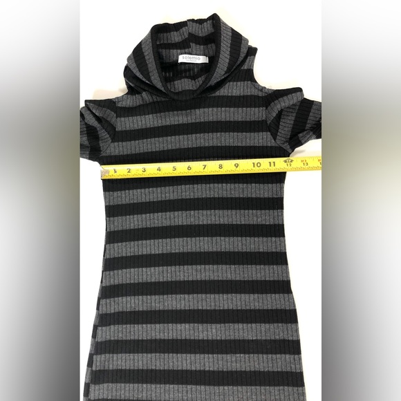 Solemio Cold Shoulder Knit Dress very fitted Black Gray Stripe - Picture 7 of 10